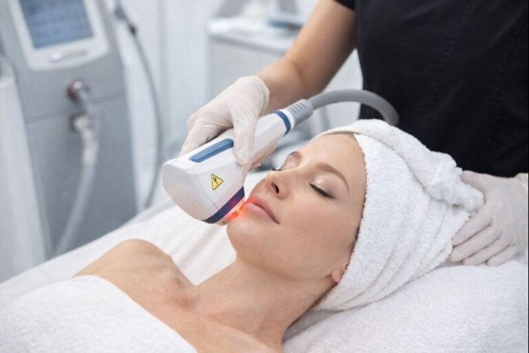 Woman receiving laser acne treatment