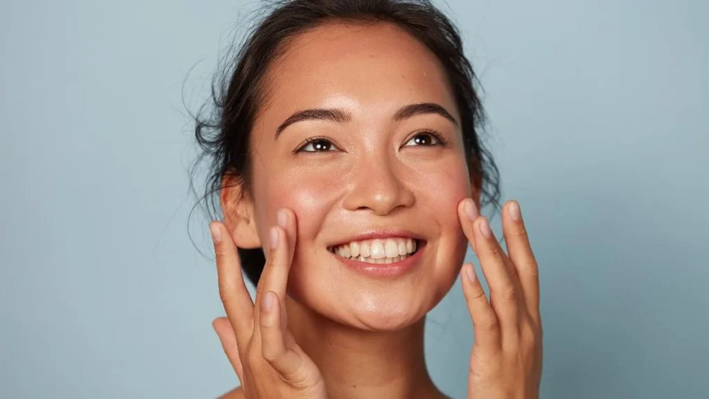 Smiling woman touching clear,